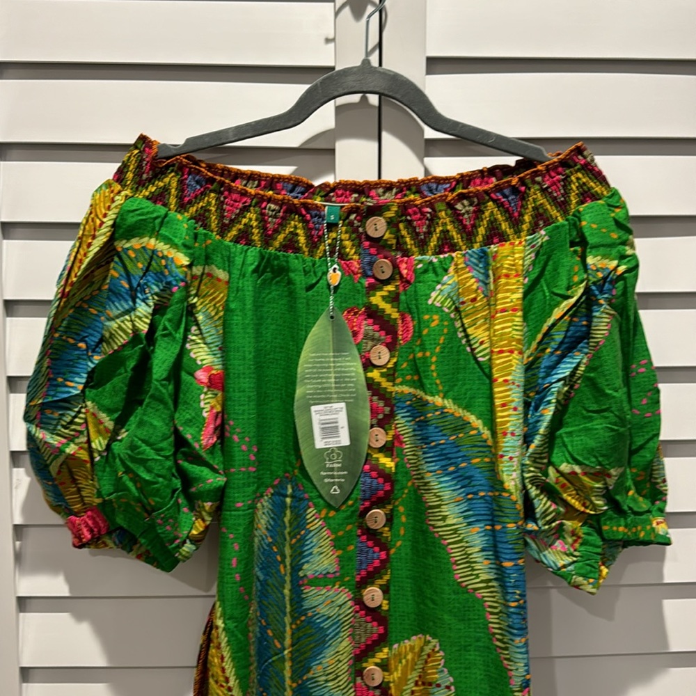 FARM Rio NWT Banana Leaves Off the Shoulder Midi Dress W/Belt and Puff Sleeves. - Picture 5 of 14
